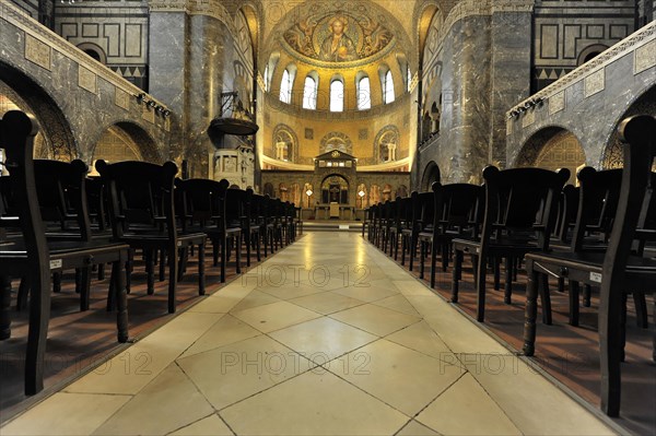 Church of the Redeemer, start of construction 1903, Bad Homburg v. d. Hoehe, Hesse, Rows of pews in a church interior with mosaic floor and central lighting, Church of the Redeemer, start of construction 1903, Bad Homburg v. Hoehe, Hesse, Germany, Europe