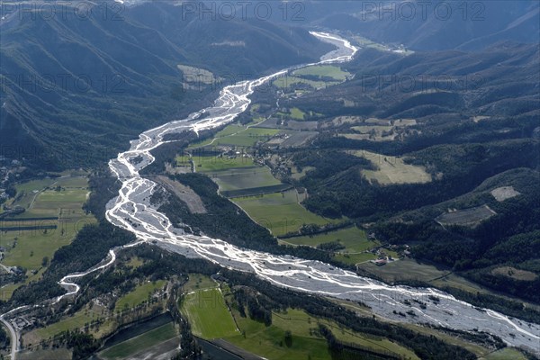 Aerial view, river, Bleone, Alpes de Haute Provence, French Maritime Alps, Massif des Trois-Eveches, Prads Haute Bleone, natural, utilisation of hydropower, France, Europe