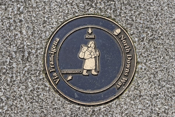 Plaque in the pavement showing the route of the Pilgrims' Way from Canterbury to Rome, North Downs Way, Dover, Kent, Great Britain