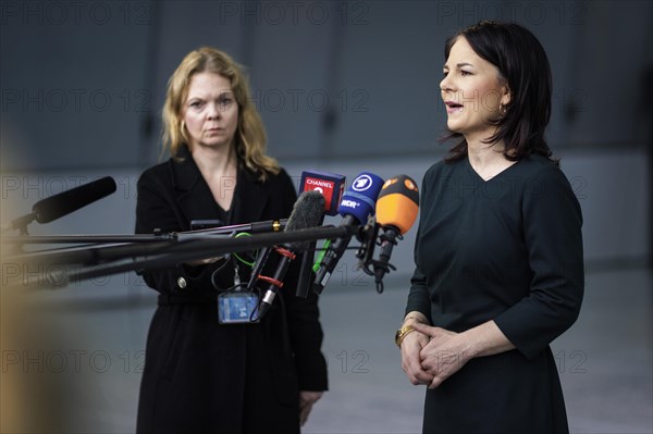 Annalena Baerbock, Federal Foreign Minister, photographed during a doorstep at the meeting of NATO foreign ministers. Brussels, 04.04.2024. Photographed on behalf of the Federal Foreign Office