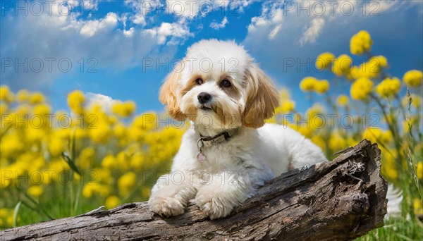 KI generated, animal, animals, mammal, mammals, Maltipoo (Canis lupus familiaris), dog, dogs, bitch, cross between poodle and Maltese, dwarf poodle, small poodle, flower meadow, tree trunk, small puppy lying on tree trunk in front of rape field