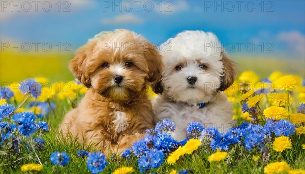 KI generated, animal, animals, mammal, mammals, Maltipoo (Canis lupus familiaris), dog, dogs, bitch, cross between poodle and Maltese, dwarf poodle, small poodle, flower meadow, two, two puppies