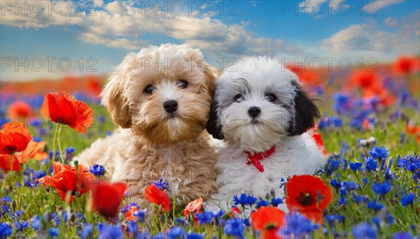 KI generated, animal, animals, mammal, mammals, Maltipoo (Canis lupus familiaris), dog, dogs, bitch, cross between poodle and Maltese, dwarf poodle, small poodle, flower meadow, two, bitch with puppy