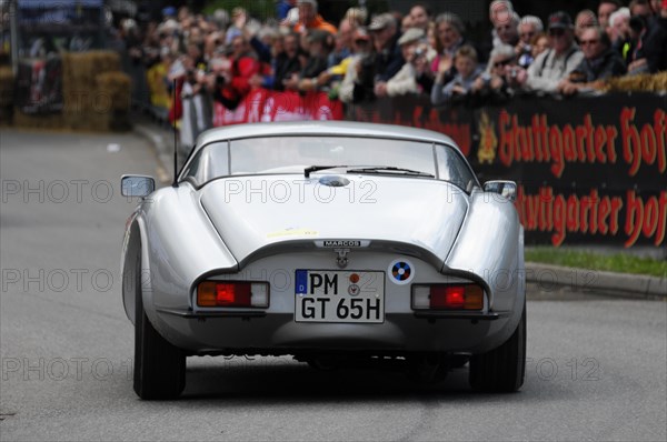 Rear view of a white Marcos GT at a classic car rally, SOLITUDE REVIVAL 2011, Stuttgart, Baden-Wuerttemberg, Germany, Europe