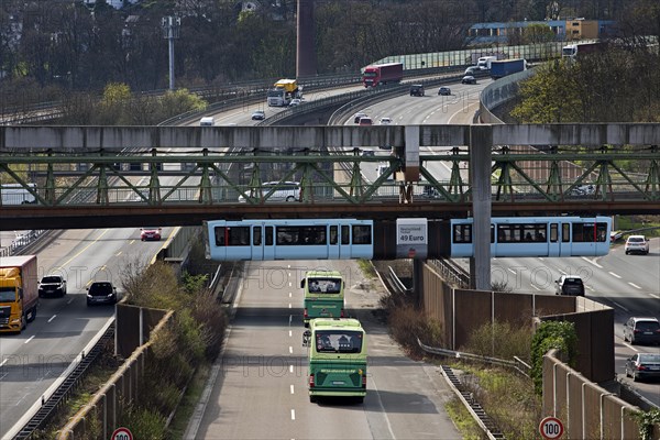 Wuppertal suspension railway crosses the A46 motorway at Sonnborner Kreuz, motorway junction, Wuppertal, North Rhine-Westphalia, Germany, Europe