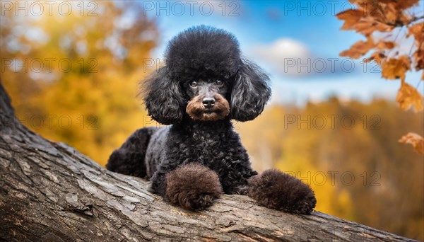 KI generated, animals, mammals, dog, domestic dogs (Canis lupus familiaris), black, black, sideways, autumn