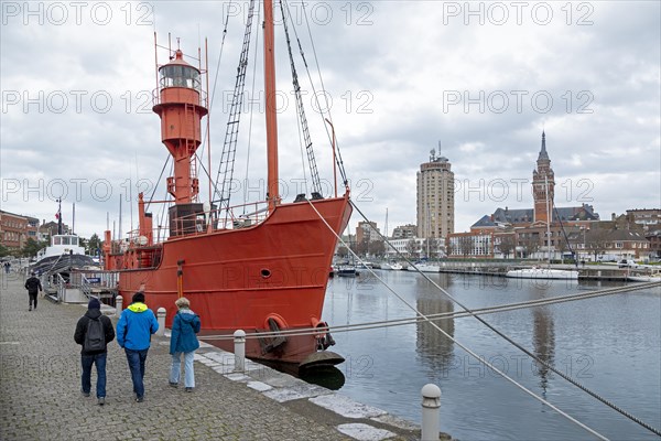 Lightship, boats, marina, skyscraper, houses, tower of the Hotel de Ville, town hall, Dunkirk, France, Europe