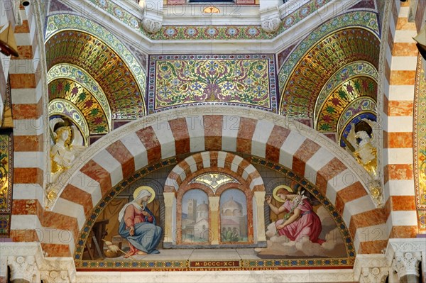 Church of Notre-Dame de la Garde with mosaics, Marseille, Archway with mural painting of religious motifs and colourful mosaic in a church, Marseille, Departement Bouches-du-Rhone, Provence-Alpes-Cote d'Azur region, France, Europe