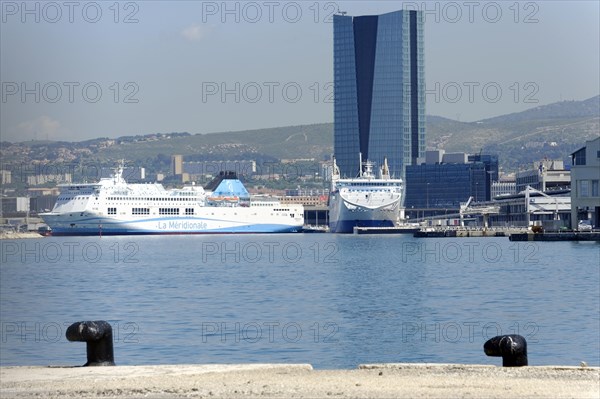 CGA skyscraper, cruise ships in the harbour in front of a city skyline under a blue sky, a maritime scene, Marseille, Departement Bouches-du-Rhone, Provence-Alpes-Cote d'Azur region, France, Europe