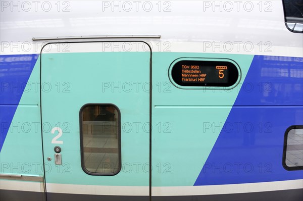 TGV at Marseille-Saint-Charles station, Marseille, close-up of a train door with digital display of travel information, Marseille, Departement Bouches-du-Rhone, Provence-Alpes-Cote d'Azur region, France, Europe