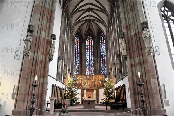 Interior, Altar of the Marienkapelle, Marktplatz, Wuerzburg, Gothic church with coloured stained glass windows, high vault and view of the altar, Wuerzburg, Lower Franconia, Bavaria, Germany, Europe