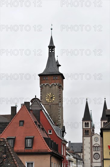 Wuerzburg, view of medieval towers with clocks, surrounded by colourful roofs and tiles, Wuerzburg, Lower Franconia, Bavaria, Germany, Europe