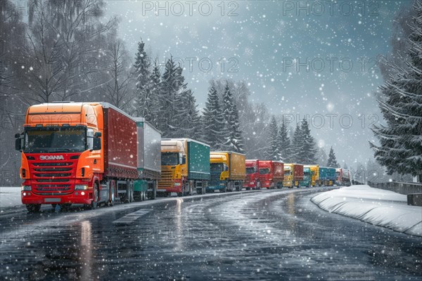 Traffic jam, congested motorway with many lorries and cars in winter, bad weather conditions, snow chaos, restricted visibility, AI generated, AI generated, AI generated