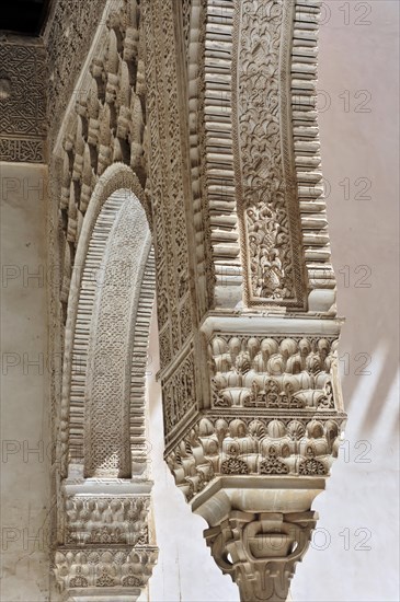 Artistic stone carvings, Alhambra, Granada, detail of an old Islamic building with fine stone carvings, Granada, Andalusia, Spain, Europe
