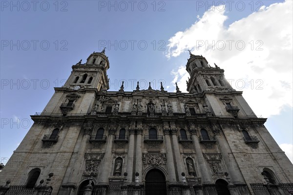 Jaen, Catedral de Jaen, Cathedral of Jaen from the 13th century, Renaissance art epoch, Jaen, facade of a baroque church with two towers and sculptural decoration, Jaen, Andalusia, Spain, Europe