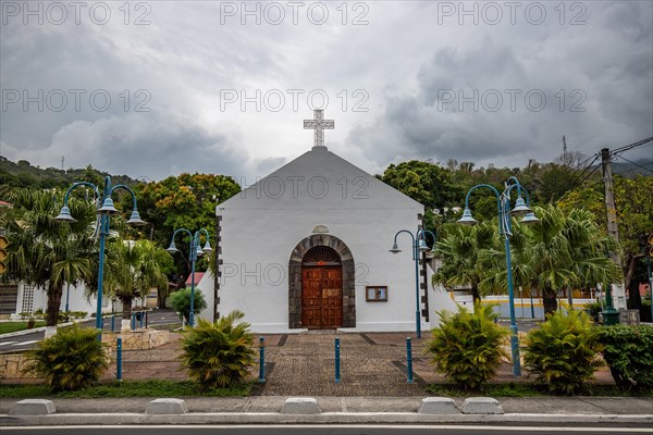 Deshaies, historic Caribbean wooden building of a street in Guadeloupe, Caribbean, French Antilles