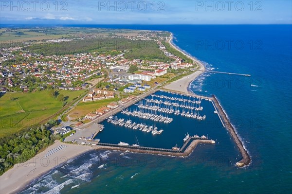 Aerial view over sailing boats at marina and seaside resort Kuehlungsborn along the Baltic Sea, Rostock district, Mecklenburg-Vorpommern, Germany, Europe