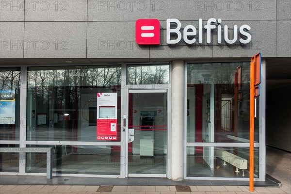 Indoor ATM cash dispenser, cashpoint of Belfius bank office in village, East Flanders, Belgium, Europe