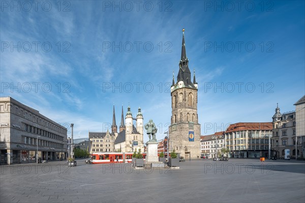 Market square with Market Church of Our Lady, also St Mary's Church, Red Tower, Handel Monument, tram, Halle an der Saale, Saxony-Anhalt, Germany, Europe
