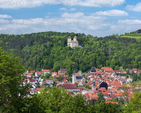 View of the town of Treffurt in the Werra Valley and Normannstein Castle, Treffurt, Thuringia, Germany, Europe