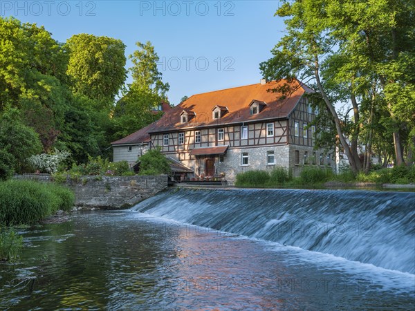The watermill of Taubach on the river Ilm with weir, oldest mill in Thuringia, Weimar, Thuringia, Germany, Europe
