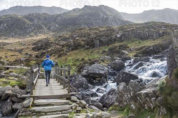 Bridge, woman, Nordic Walking, LLyn Idwal hiking trail, Snowdonia National Park near Pont Pen-y-benglog, Bethesda, Bangor, Wales, Great Britain