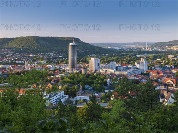 City view with JenTower and Friedrich Schiller University, view from Mount Landgrafen, Jena, Saale Valley, Thuringia, Germany, Europe