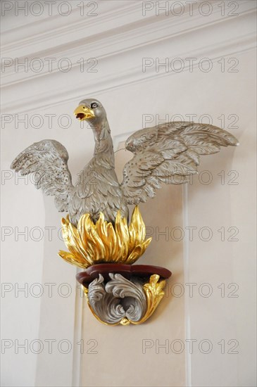 Langenburg Castle, Silver-coloured sculpture on the wall with gold-coloured details, Langenburg Castle, Langenburg, Baden-Wuerttemberg, Germany, Europe