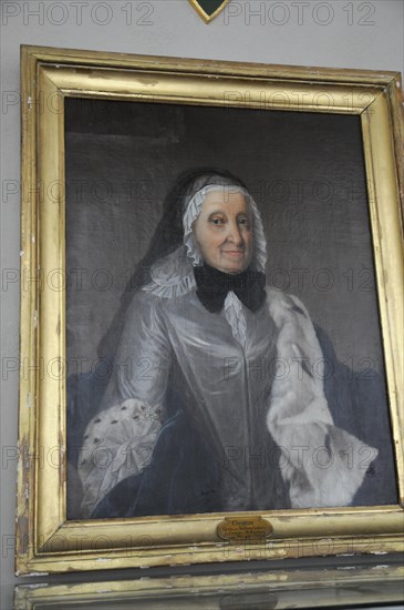 Langenburg Castle, Painting of a portrait of a woman in historical dress and bonnet, Langenburg Castle, Langenburg, Baden-Wuerttemberg, Germany, Europe