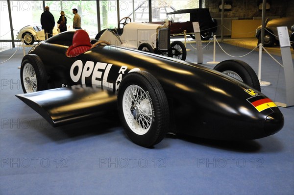 Opel RAK 2 built in 1928, Deutsches Automuseum Langenburg, Focussed view of a historic black Opel racing car in a museum, Deutsches Automuseum Langenburg, Langenburg, Baden-Wuerttemberg, Germany, Europe