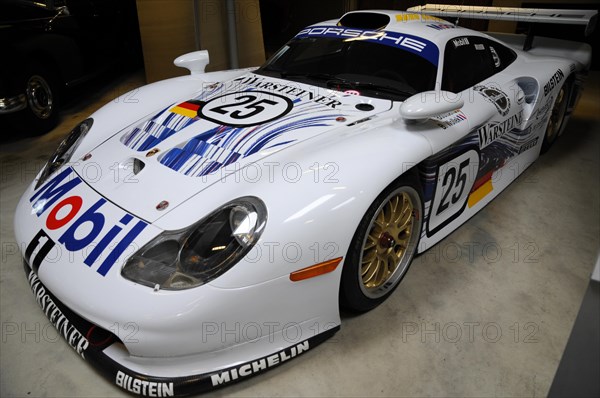 Deutsches Automuseum Langenburg, A white Porsche sports car with Le Mans style and advertising lettering, Deutsches Automuseum Langenburg, Langenburg, Baden-Wuerttemberg, Germany, Europe