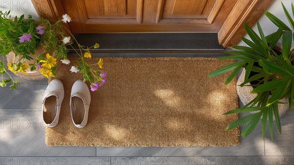 Blank welcome mat and pair of shoes at front door of house. generative AI, AI generated