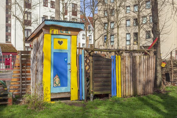 Colourful wooden toilet house, Bremen, Germany, Europe