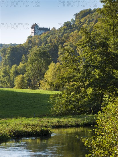 Egloffstein Castle above the Trubach stream in the Trubach valley, Egloffstein, Upper Franconia, Franconian Switzerland, Bavaria, Germany, Europe