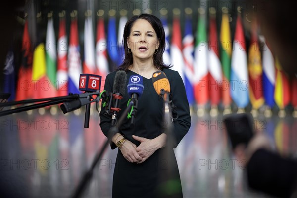 Annalena Baerbock, Federal Foreign Minister, photographed during a doorstep at the meeting of NATO foreign ministers. Brussels, 04.04.2024. Photographed on behalf of the Federal Foreign Office