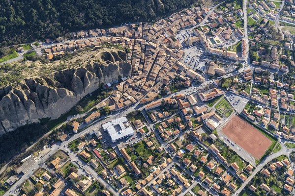 Aerial view of Les Mees, Provence-Alpes-Cote d'Azur Departement, Les Penitents, the penitents, rock formation, geology, Les Penitents near Les Mees, Maritime Alps, France, Europe