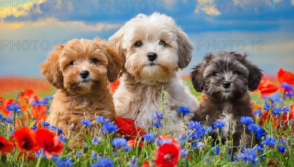 KI generated, animal, animals, mammal, mammals, Maltipoo (Canis lupus familiaris), dog, dogs, bitch, cross between poodle and Maltese, miniature poodle, small poodle, flower meadow, one bitch and two puppies