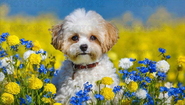 KI generated, animal, animals, mammal, mammals, Maltipoo (Canis lupus familiaris), dog, dogs, bitch, cross between poodle and Maltese, dwarf poodle, small poodle, flower meadow, puppy, cream, white