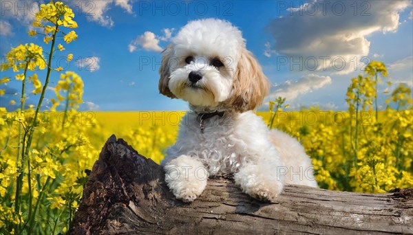 KI generated, animal, animals, mammal, mammals, Maltipoo (Canis lupus familiaris), dog, dogs, bitch, cross between poodle and Maltese, dwarf poodle, small poodle, flower meadow, tree trunk, small puppy lying on tree trunk in front of rape field