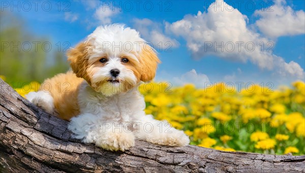 KI generated, animal, animals, mammal, mammals, Maltipoo (Canis lupus familiaris), dog, dogs, bitch, cross between poodle and Maltese, dwarf poodle, small poodle, flower meadow, tree trunk, small puppy lying on tree trunk in front of rape field