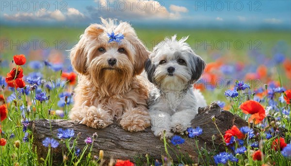 KI generated, animal, animals, mammal, mammals, Maltipoo (Canis lupus familiaris), dog, dogs, bitch, cross between poodle and Maltese, dwarf poodle, small poodle, flower meadow, two, bitch with puppy