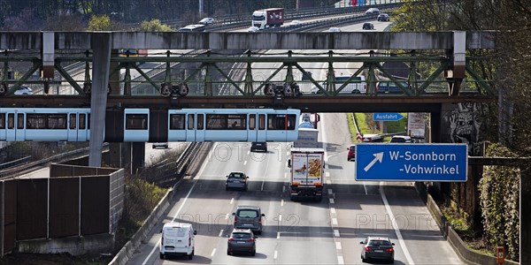 Wuppertal suspension railway crosses the A46 motorway at Sonnborner Kreuz, inner-city motorway junction, Wuppertal, North Rhine-Westphalia, Germany, Europe
