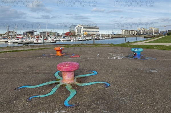 Painted bollards, octopus, boats, buildings, marina, Dunkirk, France, Europe