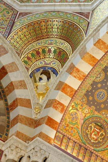 Church of Notre-Dame de la Garde, Marseille, Detailed ceiling of a church with mosaics and colourful patterns, Marseille, Departement Bouches du Rhone, Region Provence Alpes Cote d'Azur, France, Europe