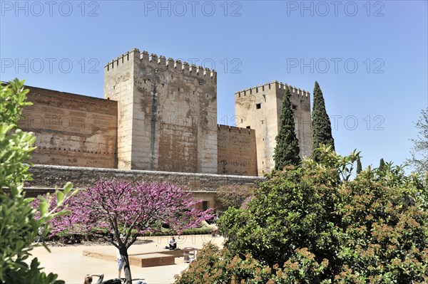 Alhambra, Granada, Andalusia, Historic fortress with two towers and tourists in the foreground under a blue sky, Granada, Andalusia, Spain, Europe