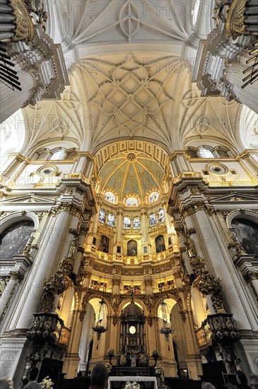 Santa Maria de la Encarnacion, Cathedral of Granada, Altar area in a church with baroque domed ceiling and golden elements, Granada, Andalusia, Spain, Europe