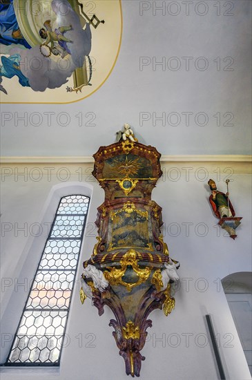 The pulpit, Church of St Alexander and St George, Memhoelz, Allgaeu, Swabia, Bavaria, Germany, Europe