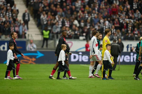 Bundesliga Eintracht Frankfurt-Union Berlin at Deutsche Bank Park in Frankfurt. Children accompany the players. Frankfurt, Hesse, Germany, Europe