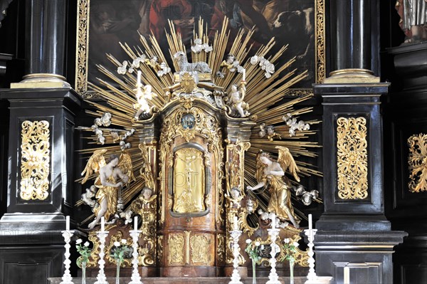 St Paul's parish church, the first church was consecrated to St Paul around 1050, Passau, detailed altar with gilded elements and a halo in the background, Passau, Bavaria, Germany, Europe