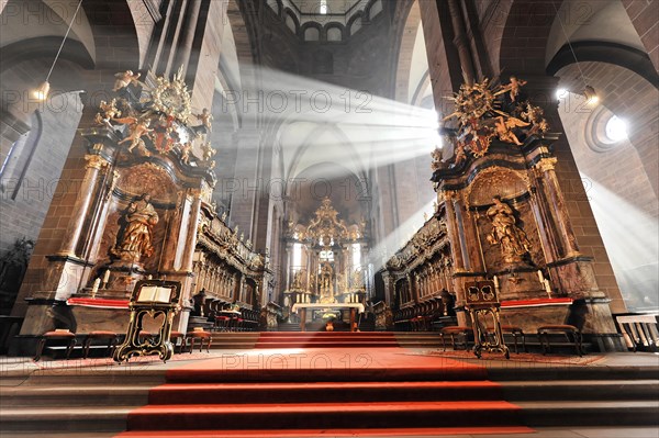 Speyer Cathedral, An impressive interior of a church with baroque altars and rays of light, Speyer Cathedral, Unesco World Heritage Site, foundation stone laid around 1030, Speyer, Rhineland-Palatinate, Germany, Europe